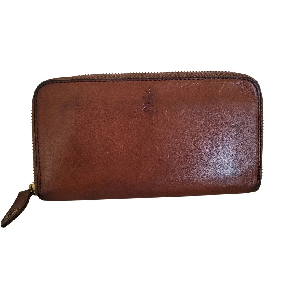Zario Grandee Brown Leather Zip Around Wallet Long Accordion Organizer Mens